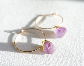 Amethyst Earrings, 14k gold filled hoop earrings, february birthstone earrings , gold jewellery gifts, birthstone jewellery, valentines gift