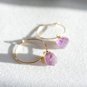 Amethyst Earrings, 14k gold filled hoop earrings, february birthstone earrings , gold jewellery gifts, birthstone jewellery, valentines gift image 1