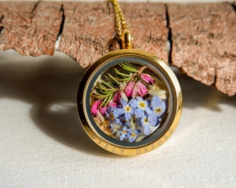 Heather glass locket necklace, September birthday gifts, Forget me not necklace, Girlfriend Gift, Best Friend Gift,  gold filled,