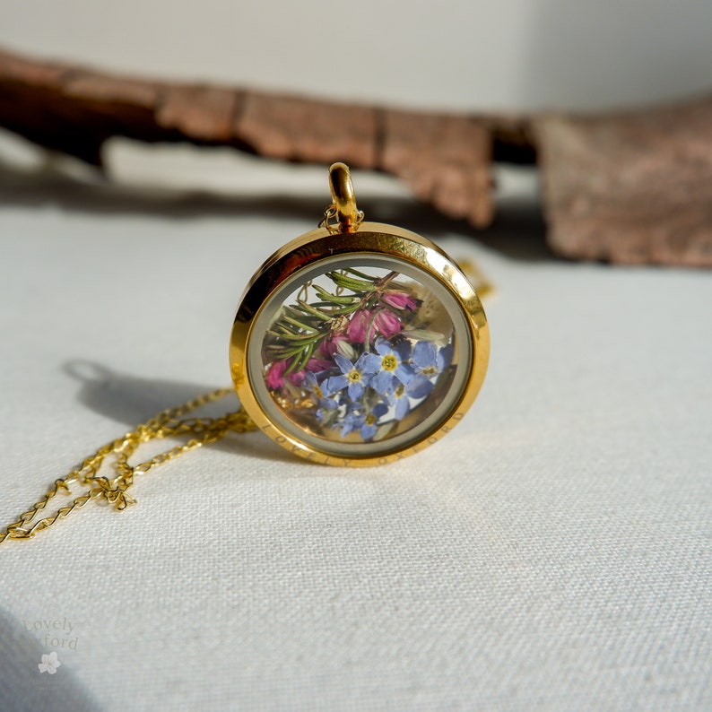 Heather glass locket necklace, September birthday gifts, Forget me not necklace, Girlfriend Gift, Best Friend Gift, gold filled, image 7