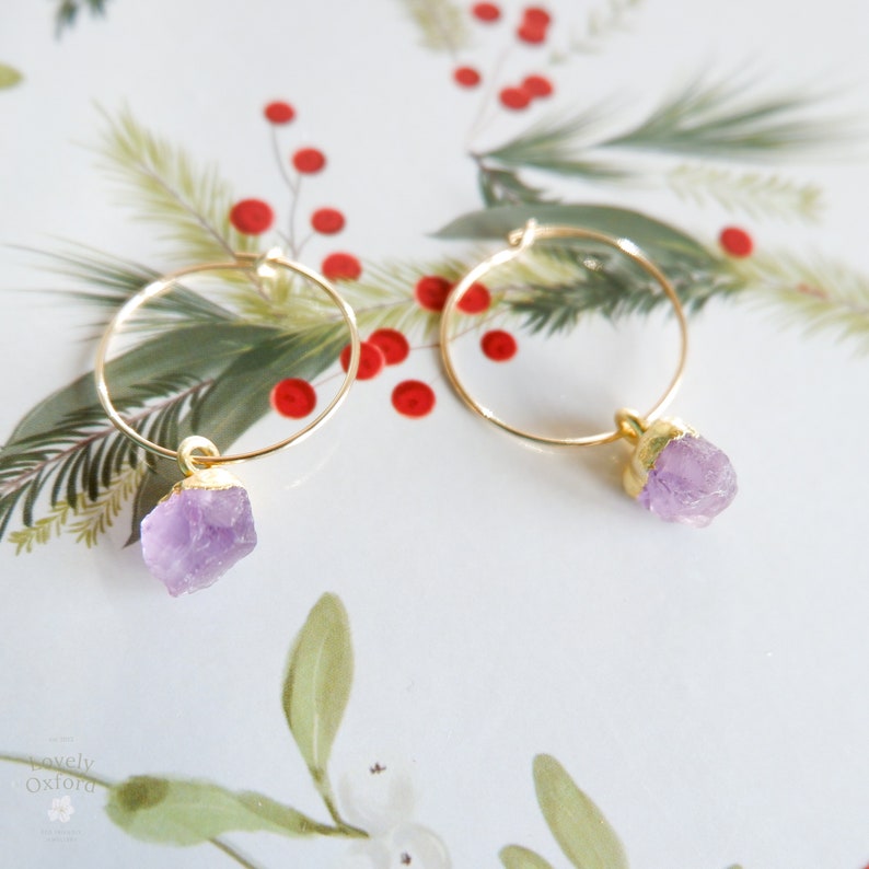 Amethyst Earrings, 14k gold filled hoop earrings, february birthstone earrings , gold jewellery gifts, birthstone jewellery, valentines gift image 2