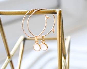 14k Gold Filled Hoop Earrings, Rose Quartz Earrings, unique family birthstone earrings for mom, Special friend gift, Valentine Gifts