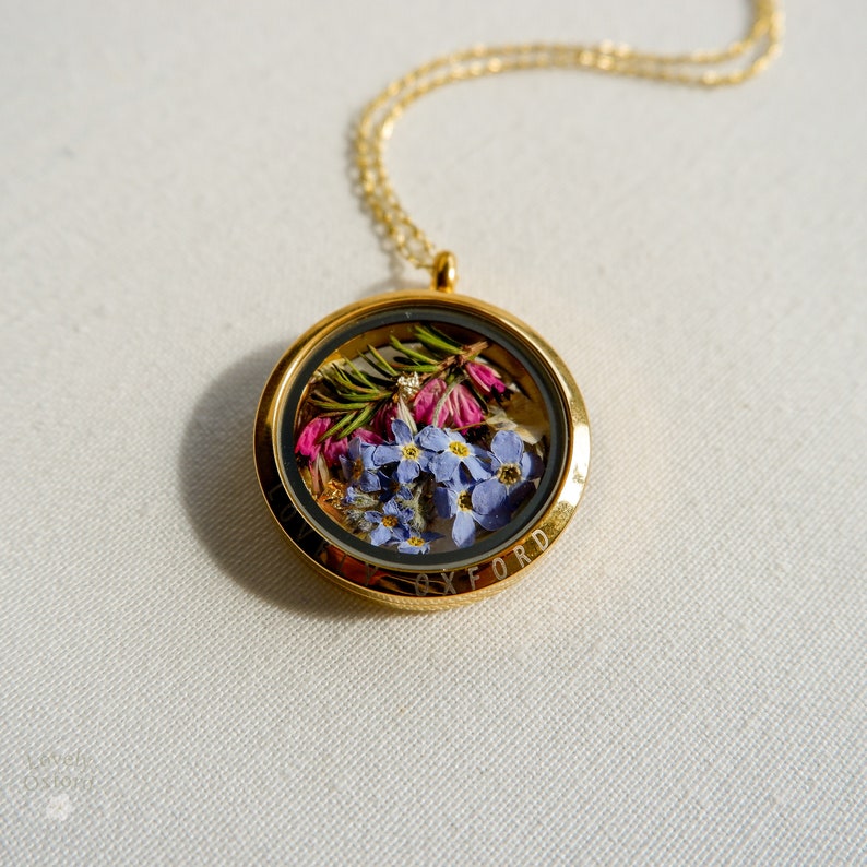 Heather glass locket necklace, September birthday gifts, Forget me not necklace, Girlfriend Gift, Best Friend Gift, gold filled, image 2