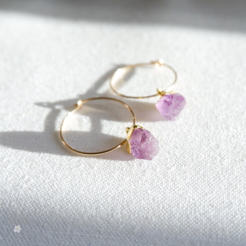 Amethyst Earrings, 14k gold filled hoop earrings, february birthstone earrings , gold jewellery gifts, birthstone jewellery, valentines gift image 1