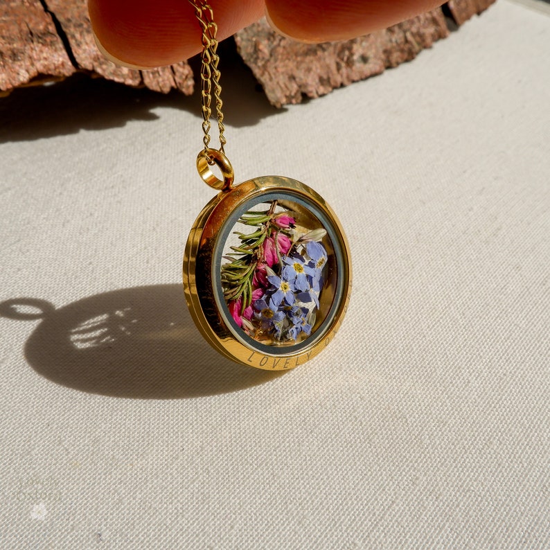 Heather glass locket necklace, September birthday gifts, Forget me not necklace, Girlfriend Gift, Best Friend Gift, gold filled, image 10
