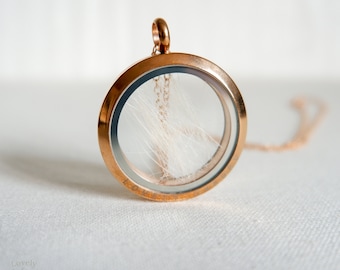 May include: A gold locket necklace with a clear glass insert containing white hair. The locket has a delicate chain and is a sentimental keepsake.