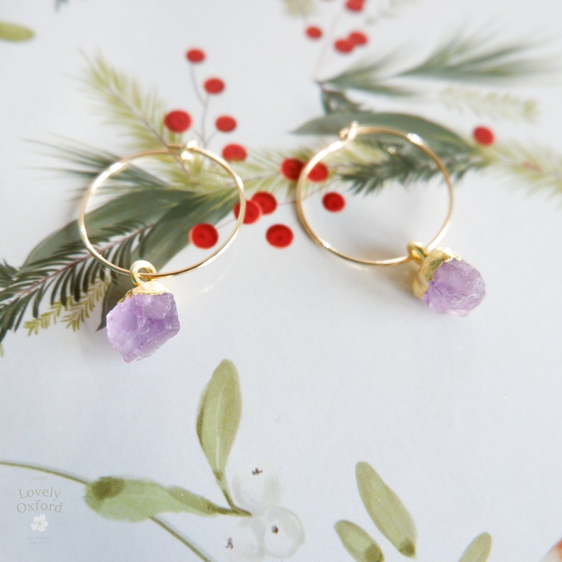 Amethyst Earrings, 14k gold filled hoop earrings, february birthstone earrings , gold jewellery gifts, birthstone jewellery, valentines gift image 3