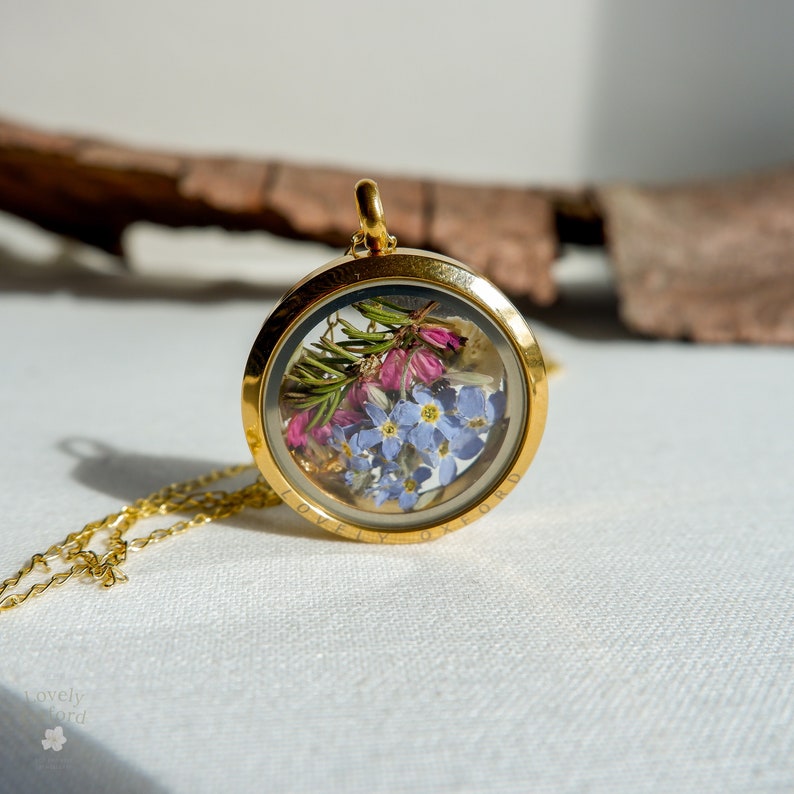 Heather glass locket necklace, September birthday gifts, Forget me not necklace, Girlfriend Gift, Best Friend Gift, gold filled, image 9