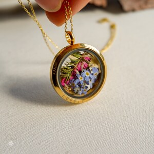 Heather glass locket necklace, September birthday gifts, Forget me not necklace, Girlfriend Gift, Best Friend Gift, gold filled, image 6