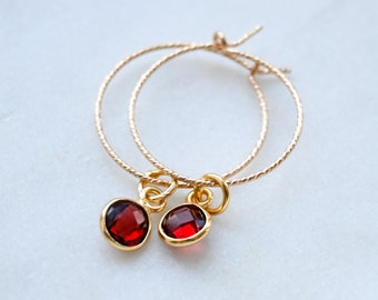 14k Gold Filled Hoop Earrings, Garnet Earrings, unique family birthstone earrings for mom, Special friend gift, Valentine Gifts