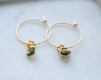 14k Gold Filled Hoop Earrings: Labradorite Stone Earrings, Unique Family Birthstone Jewellery for Mom, Special Friend Gift, Valentine Gifts