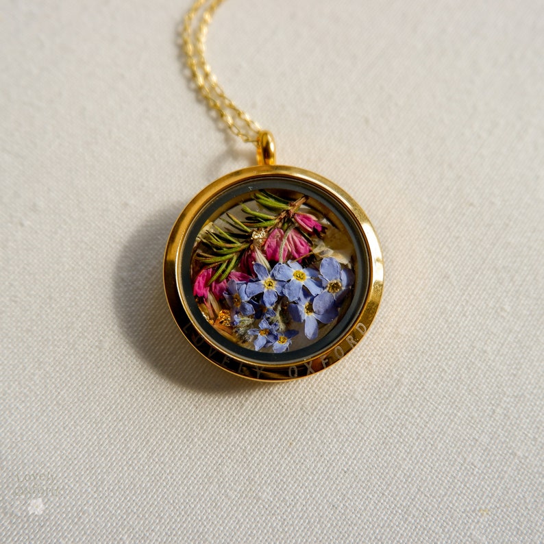 Heather glass locket necklace, September birthday gifts, Forget me not necklace, Girlfriend Gift, Best Friend Gift, gold filled, image 4