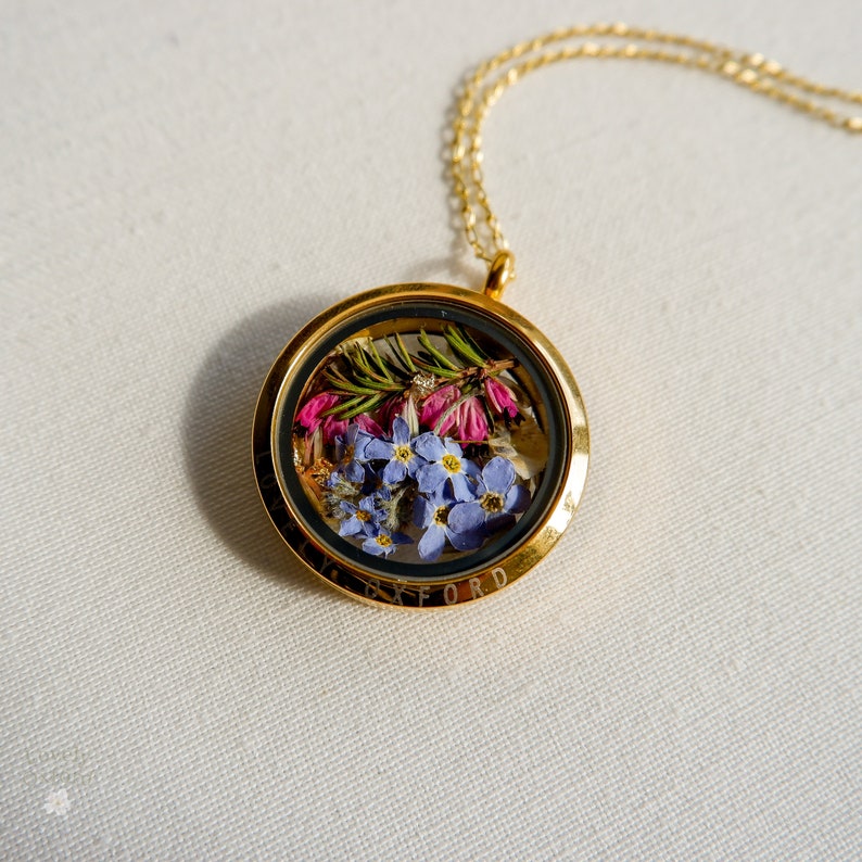 Heather glass locket necklace, September birthday gifts, Forget me not necklace, Girlfriend Gift, Best Friend Gift, gold filled, image 3