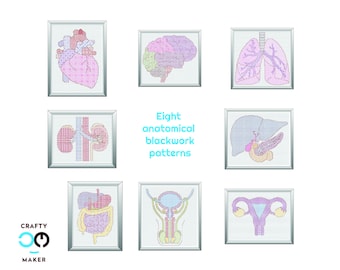 8 Anatomical  Cross Stitch Pattern | Anatomy Blackwork | Heart, Brain, Lung, Kidney, Liver, GI, Male, Female Systems | Medical Gift