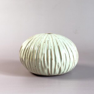 Pode incluir: Um vaso de cerâmica verde claro com uma superfície texturizada e canelada. O vaso tem uma forma arredondada e uma pequena abertura no topo. As linhas verticais criam um design único. É um item decorativo para casa.