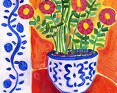 FIESTA FLOWERS Art Print,Floral Still Life,Folk Art,Colorful Flowers in Blue and White Pot,Happy Art,Bright Floral Painting,Whimsical Print