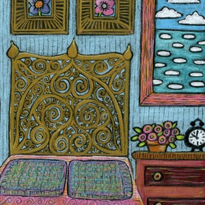 May include: A colorful illustration of a bedroom scene. The focal point is a bed with a gold, ornate headboard and pink bedding. Two framed flower paintings hang above the bed. A nightstand with a clock and flowers sits beside a window.
