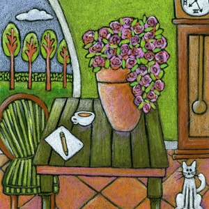May include: A colorful illustration of a room with a table, chair, and grandfather clock. A large terracotta pot overflows with pink roses. A cup of coffee and a pencil rest on the table. A white cat sits on the tiled floor.