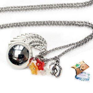 Long harmony ball necklace, long bola necklace, flowers and baby feet charm silver bola