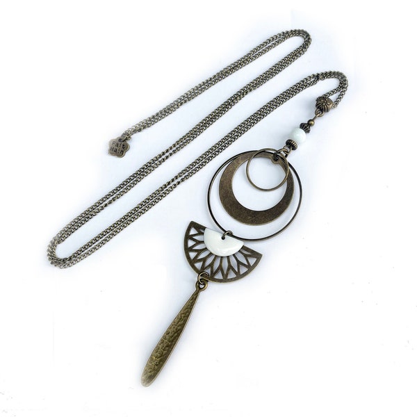 Sautoir collier pendentif pompon bronze et blanc, sautoir pendentif bohème, collier pendentif blanc