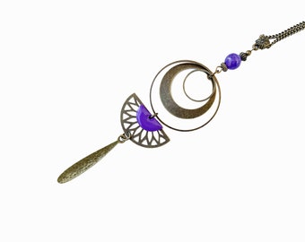 Long purple pendant necklace, white enameled pendant necklace, vintage french pendant necklace
