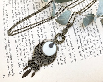 Long pendant necklace with white enameled round charm, long bohemian necklace