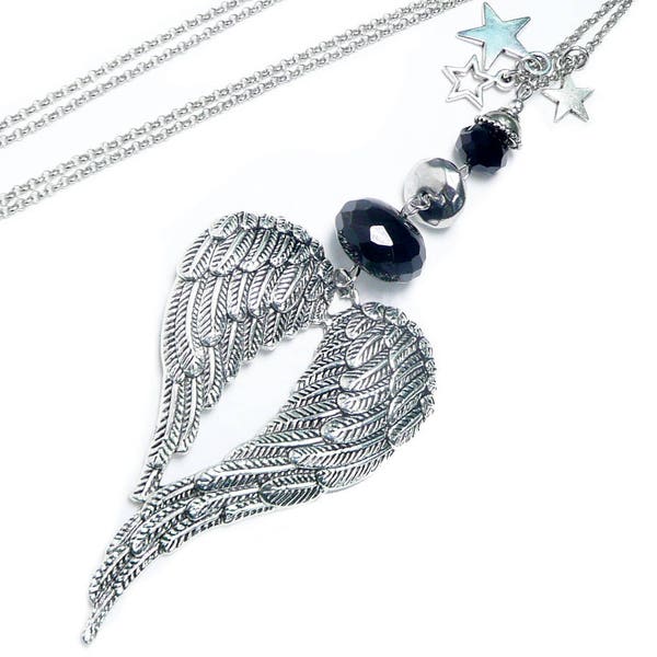 collier sautoir collier ailes, perles noires étoiles, long collier pendentif ailes et étoiles, argenté