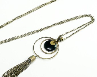 Long chain necklace, black enameled round pendant necklace, long pompon pendant necklace, bronze chain