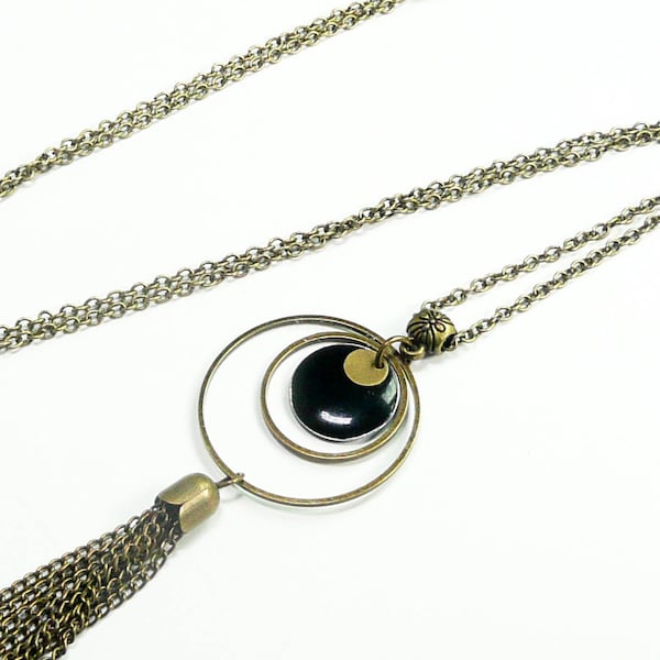 Long chain necklace, black enameled round pendant necklace, long pompon pendant necklace, bronze chain