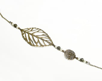 Leaf and ivory beaded bronze headband, vintage pearly antique bronze headband