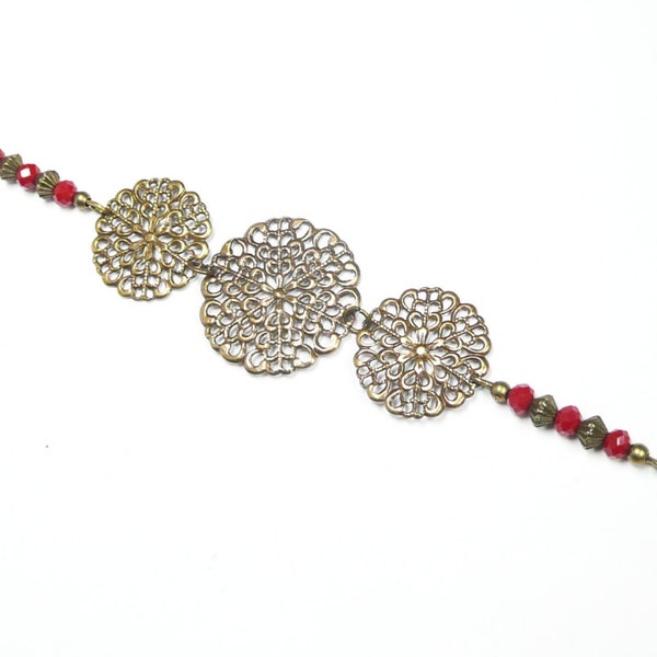 Headband rosaces et perles rouges, headband rétro vintage, bijou de tete, headband bronze