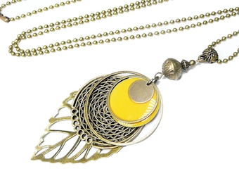 Long pendant necklace, yellow enameled round pendant, leaf charm,brass jewel