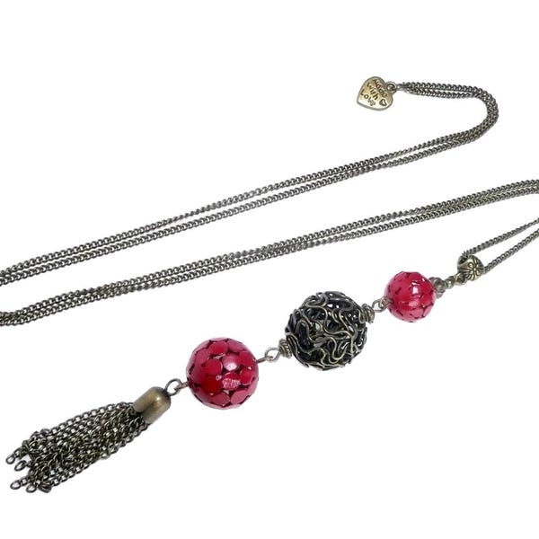 Sautoir pendentif pompon, perle rouge , collier longue chaine, bijou bronze, Boheme chic, bijoux bronze vintage