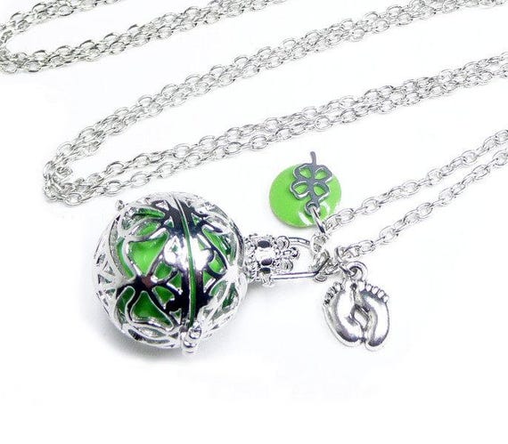 Bola, pregnancy necklace, green harmony ball necklace, pregnancy gift,  shower party, baby feet charm