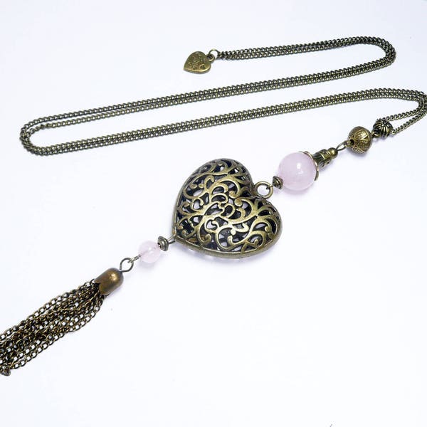 Sautoir collier coeur, perles quartz rose, bijoux bronze, pendentif coeur