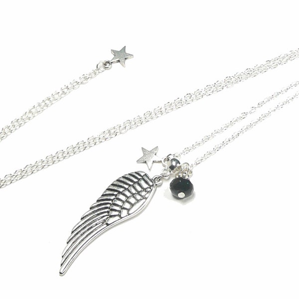 Sautoir aile d'ange, collier étoile, pendentif aile et perle de verre noire facettée