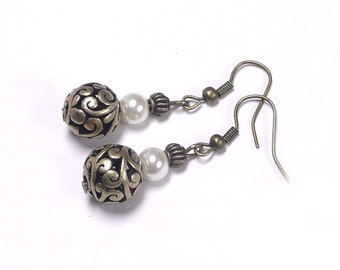 Bronze earrings, ivory beads, bronze jewelry, antique bronze, french jewelry