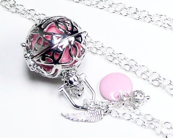 Bola, pregnancy necklace with an angel's wing, pink harmony ball necklace, pregnancy gift, shower party