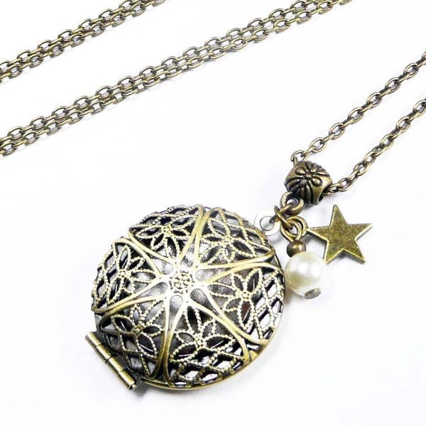 Sautoir collier pendentif porte photo médaillon étoile perle nacree ivoire