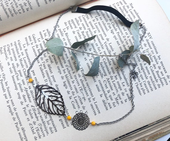 Silver Headband, Yellow Beaded, Leaf Headband - Etsy display picture 2