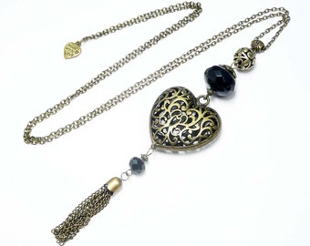 Long pendant necklace, heart charm, bronze jewelry, long pompom pendant, black beaded necklace,vintage jewel