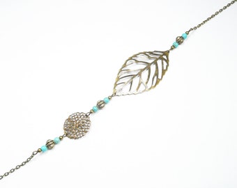 Turquoise beaded headband, bronze headband, leaf headband, french jewelry