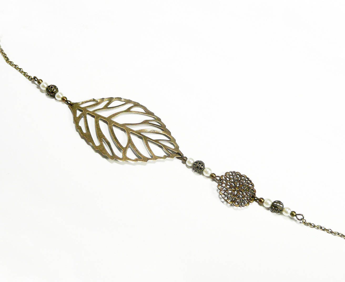 Headband Feuille Bronze Perles Ivoires Nacrées Estampe Rétro Vintage