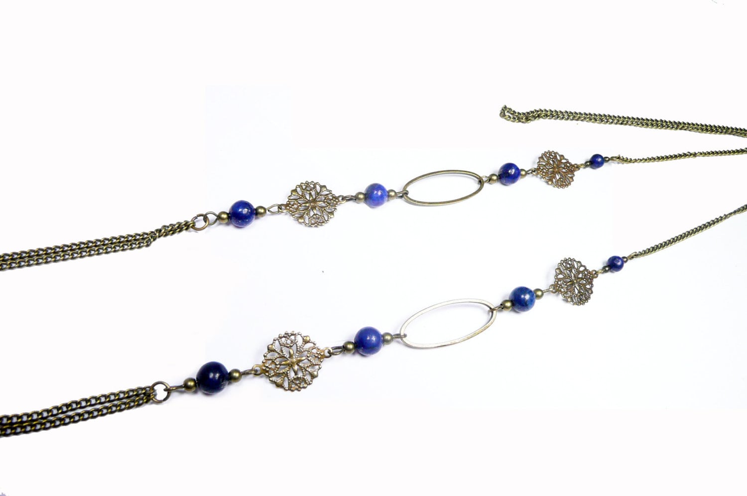 Collier En Argent 925 Avec Perles De Lapis Lazuli - Double Rang - Occasion Très Bon état