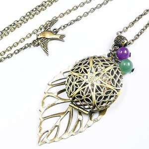 Long pendant necklace, photo holder pendant necklace, leaf pendant, green and purple beaded necklace, vintage