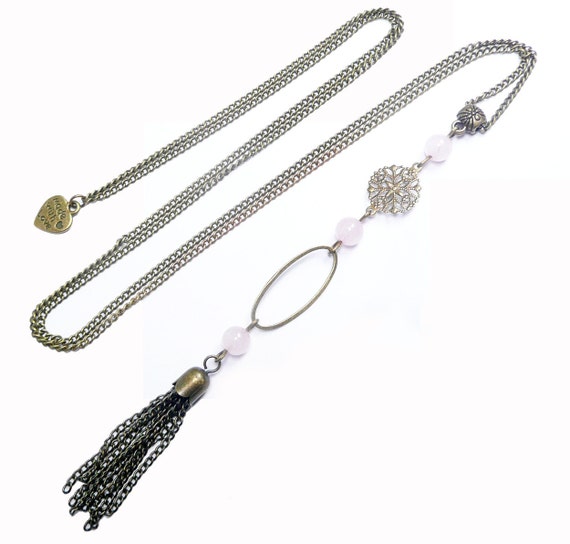 Collier Sautoir Long En Bronze Avec Cabochon Et Perles De Quartz Rose - Style Baroque