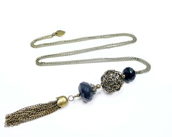 Long pendant necklace, pompom pendant, black beaded, bronze jewelry, vintage style