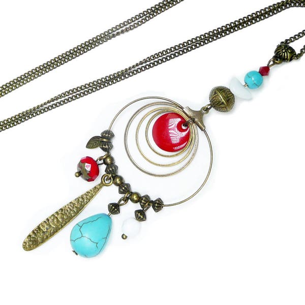 Sautoir collier bronze anneaux sequin rouge, perles turquoises et blanches, bijou bronze vintage