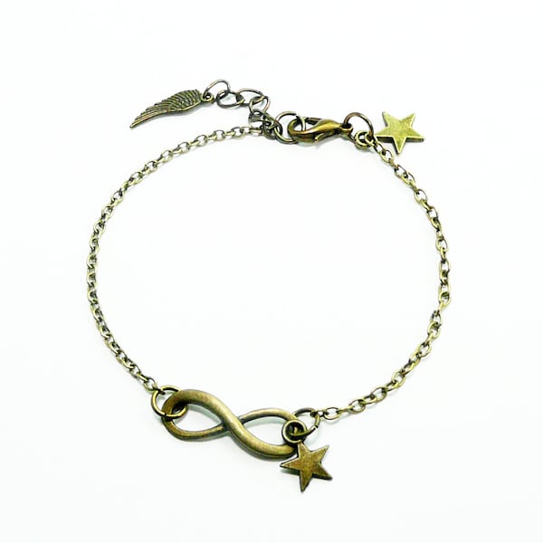 Bracelet infini, bracelet amitié, bracelet infini, bracelet infini huit, aile d'ange et étoiles, chaine bronze