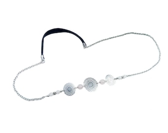 Silver headband, light pink beaded, round prints, stainless steal